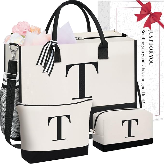 BAGAIL Initial Tote Bag, Personalized Birthday Gifts for Women, Teacher, Friends, Mom, Wedding, Monogrammed Beach Bag