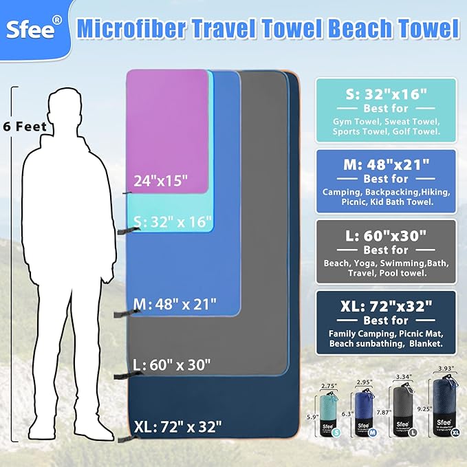Sfee 2 Pack Microfiber Travel Towel, Quick Dry Towel Camping Towel Super Absorbent Compact Lightweight Sports Gym Towel Beach Towels Set for Gym, Hiking, Pool, Backpacking, Bath, Yoga