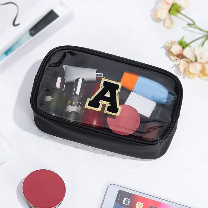 YOOLIFE Initial Travel Makeup Bag Pouch, Clear Toiletry Bag for Women Travel Accessories Cosmetic Bag Skin Care for Teen Make Up Bags Birthday Gifts for Women Unique Teacher Mom Friends Gifts Black F
