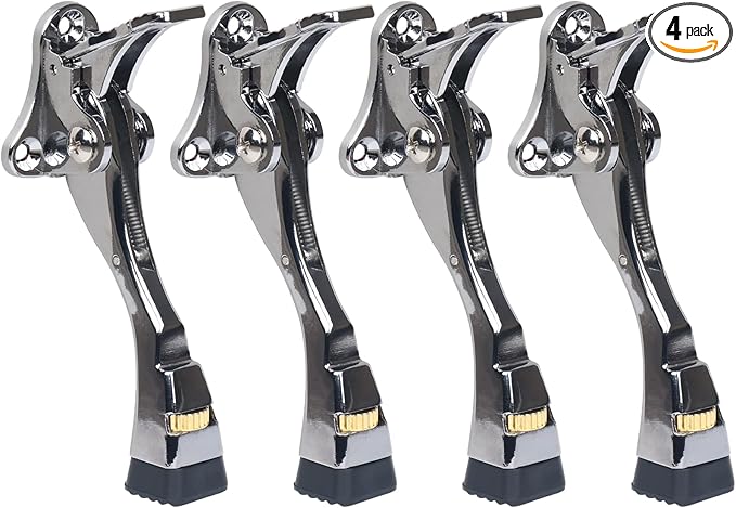 4 Packs Heavy Duty Kickdown Door Stopper, One Touch Adjustable Kickdown Door Stop for Heavy Doors, 4 inch Metal Door Kickstand with Rubber Tip & Wall Protectors for Wide Doors- Sliver