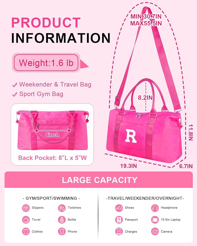 Overnight Bag for Kids Teen Girls Weekender Dance Bag Birthday Graduation Gifts,Initial Travel Duffel Bag Sports Gym Bag Personalized Weekender Bag Carry On Bags Preppy Gifts for Women(Hot Pink, R)