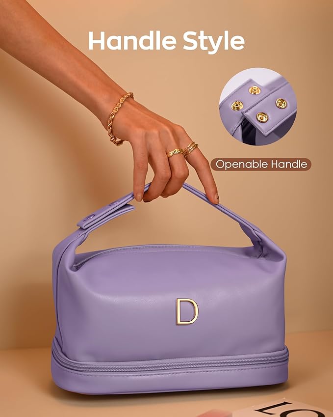 Letter Makeup Bags, Personalized Bags with Handle, Waterproof Double Layer Cosmetic Bag, Large Capacity PU Leather Makeup Bags Letter Travel Toiletry Bag with Makeup Brush Organizer
