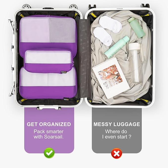 5 Set Compression Packing Cubes for Travel, Space Saving Luggage Organizer Bags (Bright Purple)