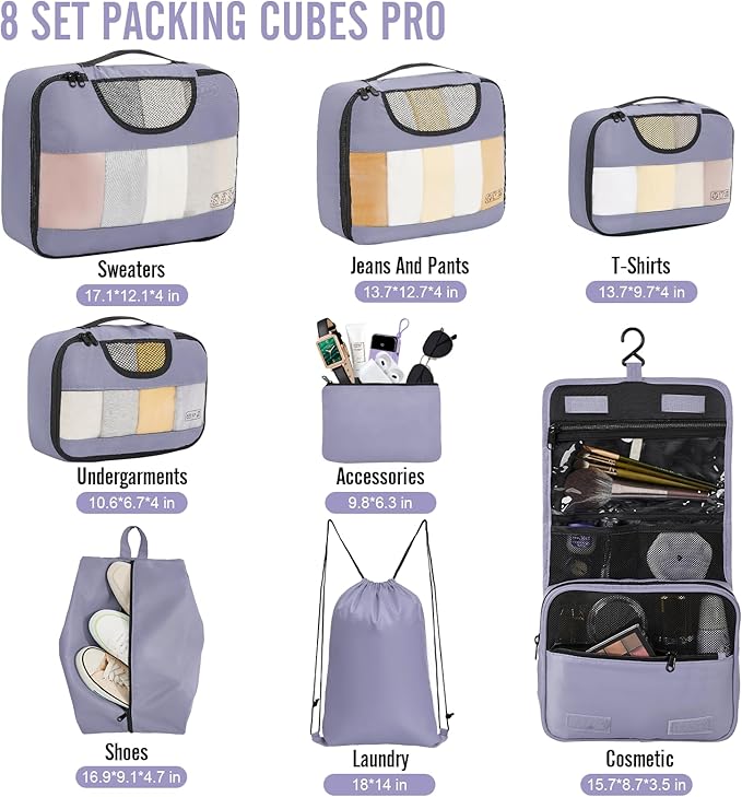 Veken 8 Set Packing Cubes for Travel Essentials, Suitcase Organizer Bags in 4 Sizes, Carry-On Luggage Accessories with Large Laundry & Hanging Toiletry Bag, Must-Have for Airplane, Road Trip & Camping