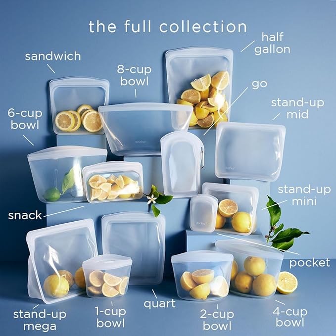 Stasher Premium Silicone Reusable Food Storage Pocket 2-Pack, Clear + Deep Ocean, Multi-Use Food Storage Bags, Lunch Bag, Travel Containers, BPA Free, Leak-free, Dishwasher-Safe, Eco-friendly, 4 Oz