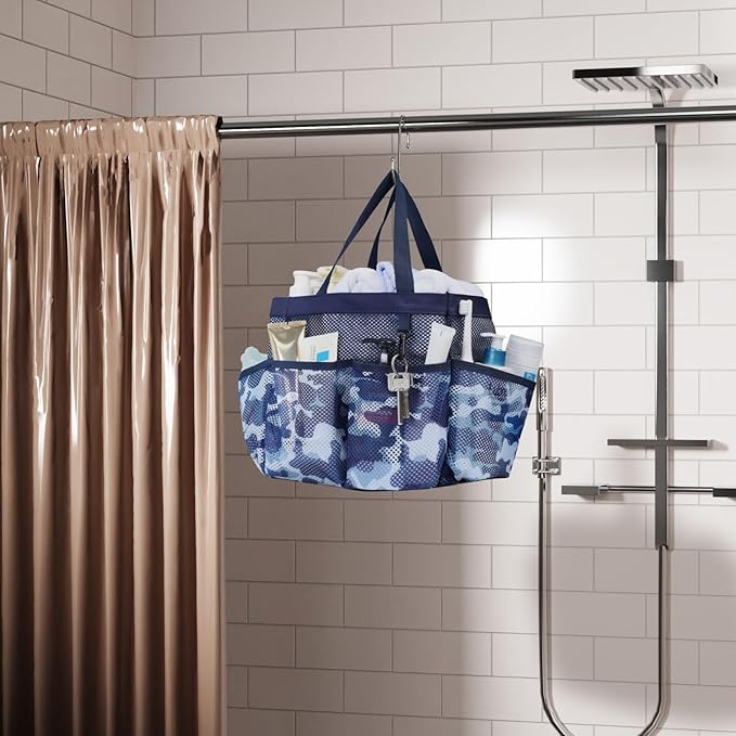 F-color Shower Caddy Portable - Mesh Shower Bag Basket Tote for College Dorm Room Essentials Bathroom Gym Camp Quick Dry for Women Men with S Hook, Dark Blue Camouflage