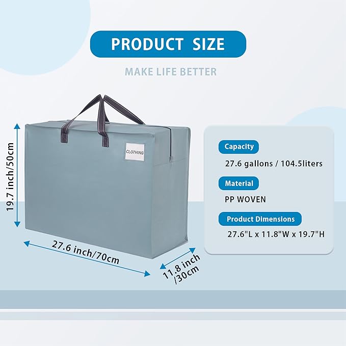VENO 6 Pack Heavy Duty Moving Bags, Storage Bags, Packing Supplies, Top Zipper, Storage Totes for Camping, Clothes, Bedding, Comforters, Pillows (27 Gallon Light Blue, 6 Pack)