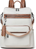 Shrrie 15.6 inch Laptop Backpack for Women,Large Leather Backpack Purse,Travel,Carry on,Water Resistant Casual Laptop Backpacks,College Backpack,Work Backpack for Women,Beige with Brown