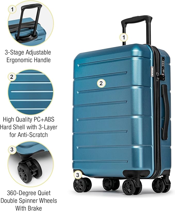 KYME Carry On Luggage 22x14x9 Airline Approved with Cup Holder Hardside Carry On Suitcase with Spinner Wheels TSA Lock Hardshell 22 inch Travel Rolling Luggage for Women Men Blue