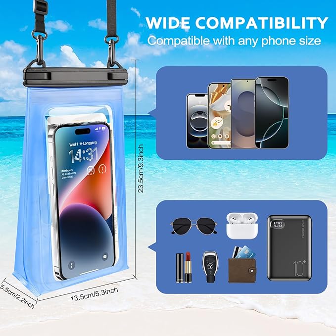 2 Pack Large Waterproof Phone Pouch, IPX8 Double Sealing Floating Waterproof Bag for iPhone 16 15 14 Pro Max Sumsang S25 S24 Google All Devices