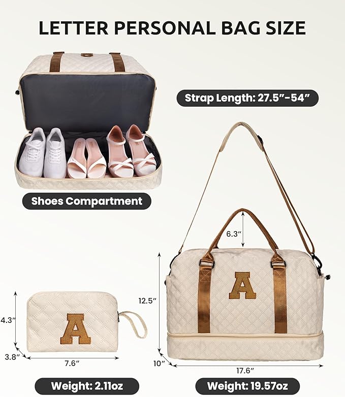 Girls Duffle Bag with Shoe Compartment, Monogrammed Bags, Kids Weekender Bag, Monogram Overnight Bag for Women with Trolley Sleeve & Wet Pocket, Letter Travel Bag with Makeup Bag (Letter J)