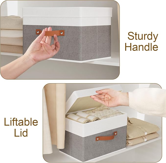 Fabric Storage Boxes with Lids, Linen Foldable Cloth Baskets, Closet Organizer Containers with Double Handles, Sweater Bins for Bedroom, White and Grey, 5 Pack, 13 x 9.1 x 7.9 Inch