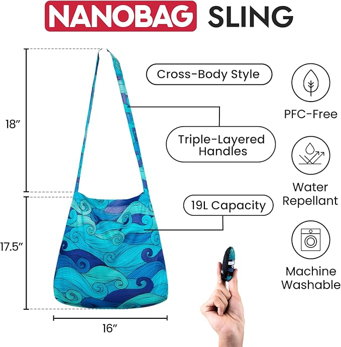 Nanobag Ultra-Lightweight Foldable Sling for Women & Men, Reusable Grocery & Travel Bag, Packable Collapsible Compact Market Crossbody (Sling Sketch)