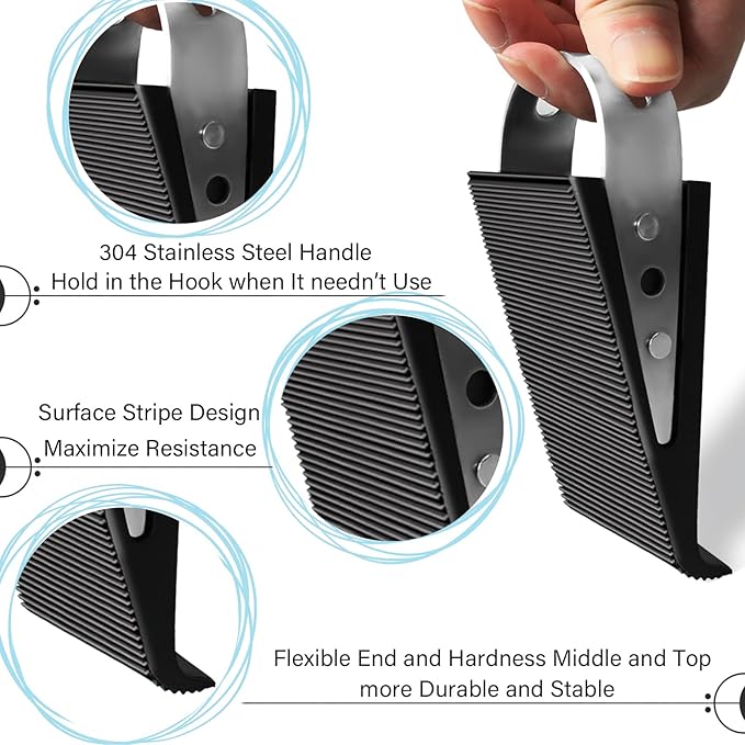 Shackcom Rubber Door Stopper Wedge, 4 Pack Black Heavy Duty Door Stop Suitable for All Floor Types, with Stainless Steel Hangers for Easy Storage, Prevents Unwanted Slams and Bumps