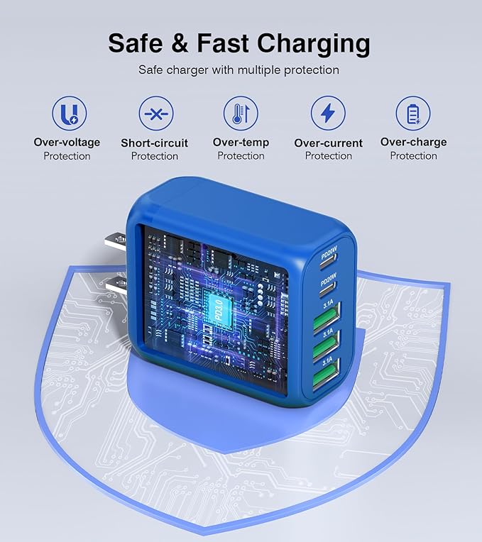 (2-Pack) 50W USB C Wall Charger Block, 5-Port C Charger Fast Charging Block PD Power Adapter +QC 3.0 Multiport Type C Box Brick Cube USB A Wall Plug for iPhone 16/15/14 Pro Max,Samsung (Dark Blue)
