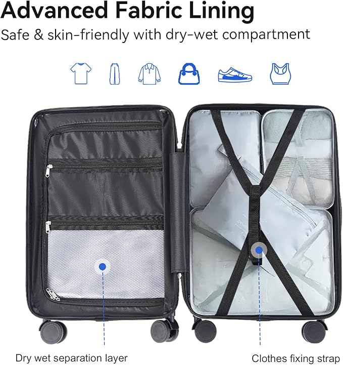 SOKOK Front Pocket Luggage with Spinner Wheels, 24'' Wide Handle Travel Suitcase PC Hardshell Multifunctional Luggage with Charging Port and Cup Holder, Black