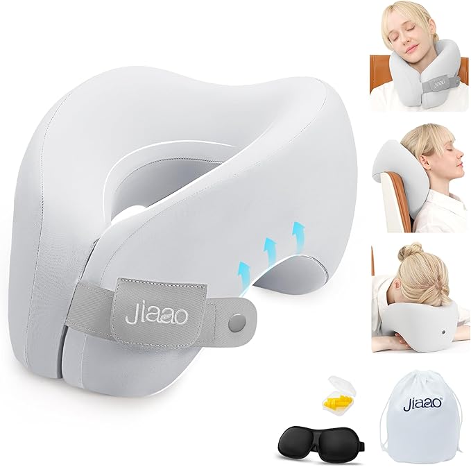 2 in 1 Neck Pillow Airplane, Ergonomic Memory Foam Travel Neck Pillow, Travel Essentials with 3D Eye Masks, Earplugs, and Portable Drawstring Bag, U Shape Neck Support for Traveling, Car, Home