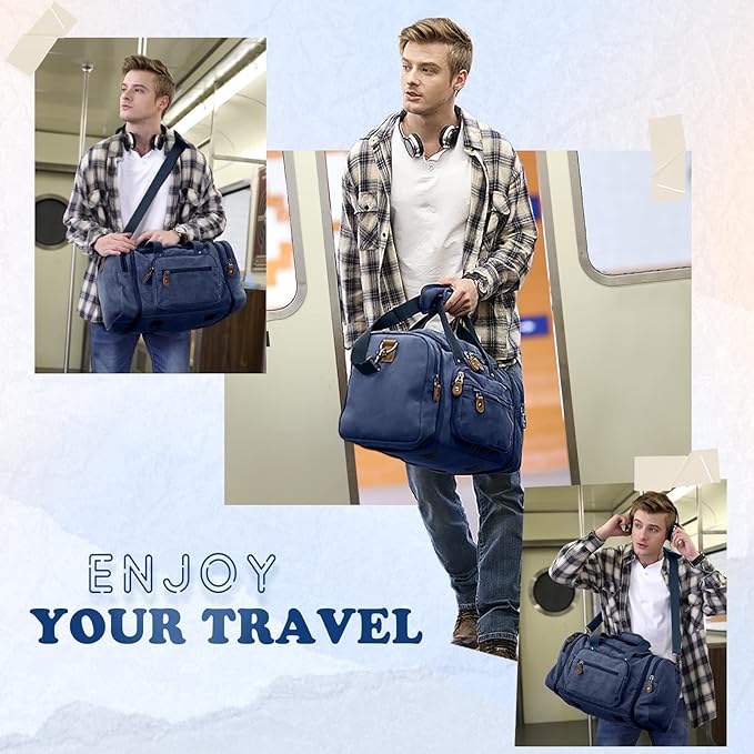 Gonex Canvas Duffle Bag for Travel 50L Expandable Duffel Weekend Overnight Bag men (Blue)