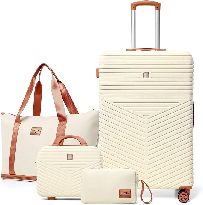 Hoteel 4 Piece Luggage Set (4-YEAR WARRANTY) Carry on ABS+PC Hard Shell Suitcase with Spinner Wheels & TSA Lock (Beige)