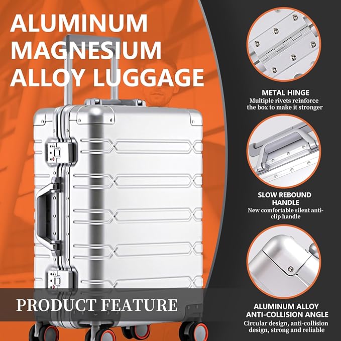 WEICHEN Set of 2 All Aluminum Magnesium 20 in Carry On and 29 in Checked Luggage with Spinner Wheels and TSA Lock, Hard Case Luggage Carry On Travel Suitcase with 2 Duffle-Travel Bags