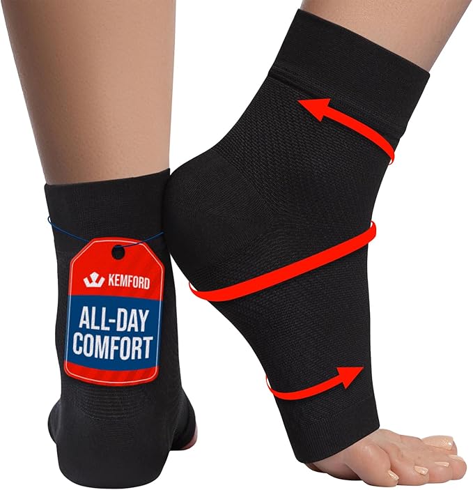 KEMFORD Ankle Compression Sleeve - Plantar Fasciitis Braces - Open Toe Compression Socks for Swelling, Sprain, Neuropathy, Foot Arch Support for Men and Women - 20-30mmhg, XL, Black