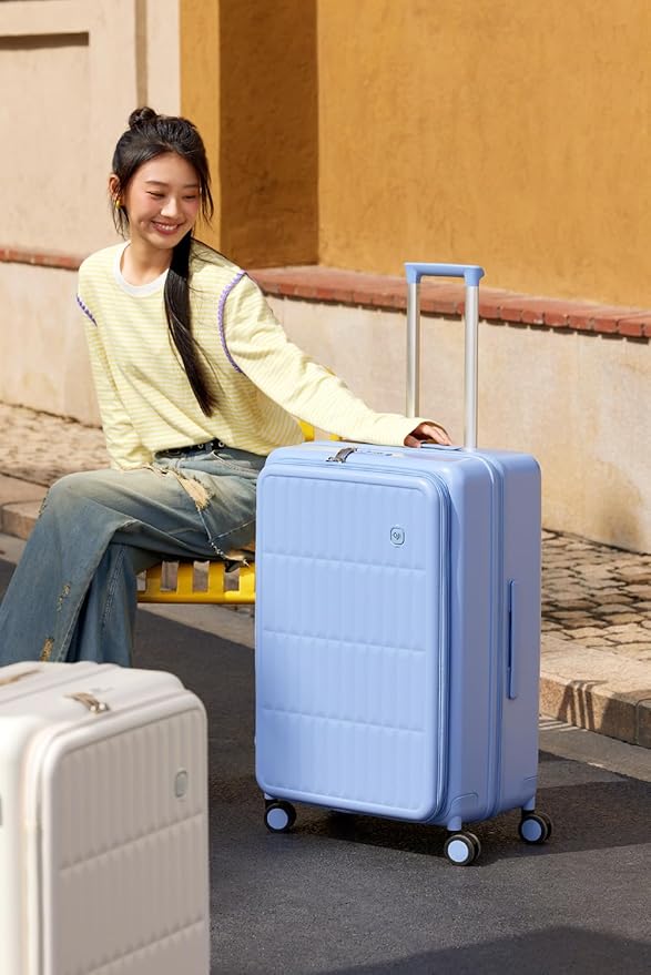 aji Expandable Top Open 24 Inch Checked Luggage with Spinner Wheels, Large Suitcase with TSA Lock, Hardside Travel Luggage Suitcases for Men Women, for 14+Days Travel, Blueberry Blue