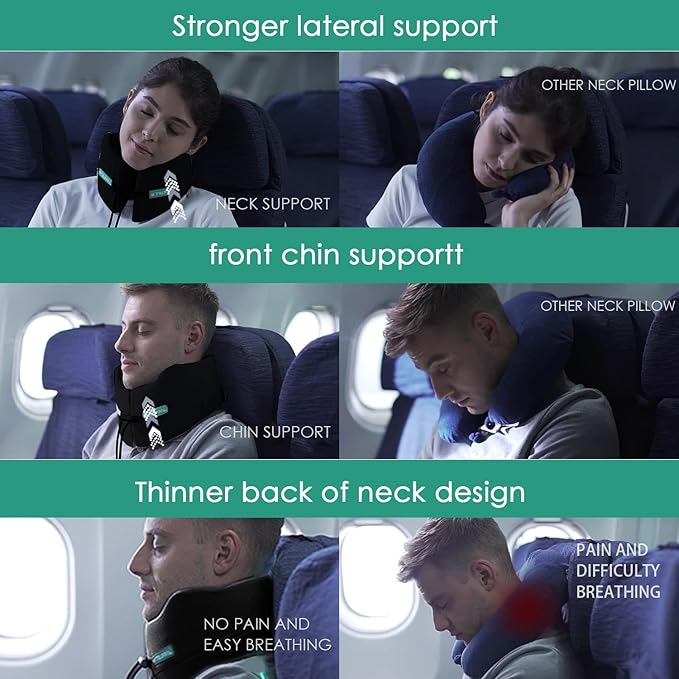 Travel Neck Pillow for Airplane Chin Support Memory Foam Machine Washable for Airplane Sleeping Car Office Black M