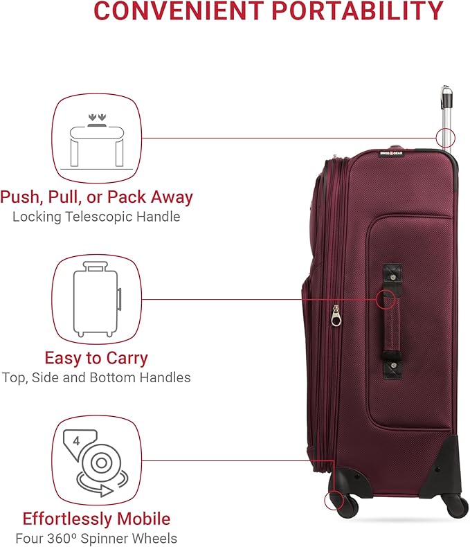 SwissGear Sion Softside Expandable Luggage – Large Checked Suitcase with 360 Degree Wheels & Retractable Handle – 29 Inch, Perfect for 7-9 Night Trips – Merlot