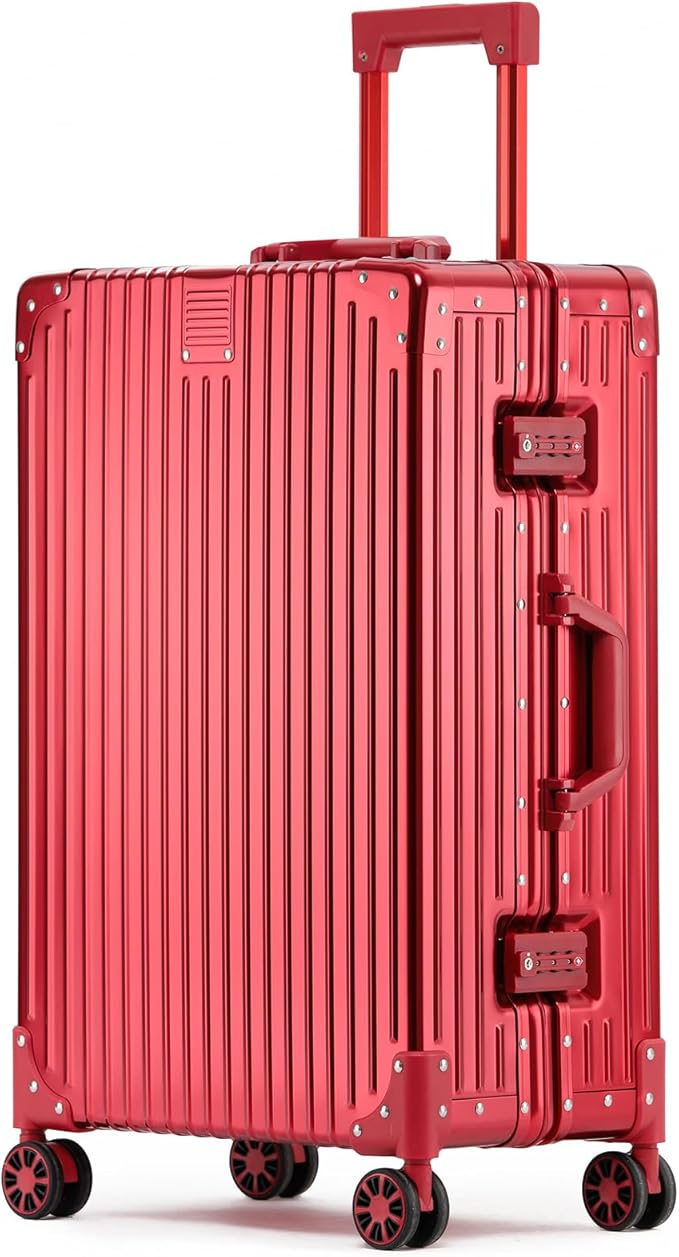 Metal All Aluminum Carry-on Luggage TSA Customs Lock Zipperless Silent Rotary Wheel Business Suitcase Aluminum Frame Set (red, 28 '')