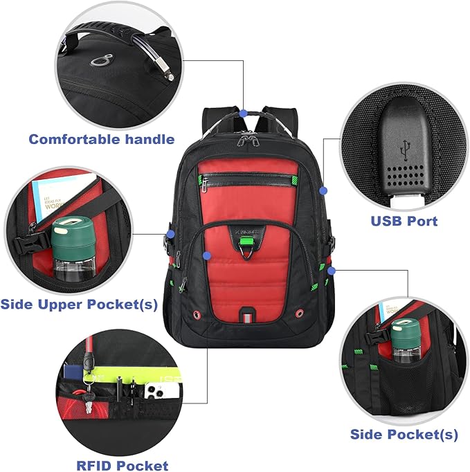 Z-MGKISS 52L Extra Large Laptop Backpack, Travel Computer Bag with USB Port, TSA-Approved Business Rucksack for Men Women, Heavy Duty Backpack Fits 17.3 Inch Laptop & Notebook, Red
