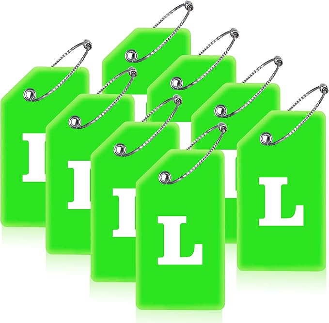 8 Pcs Luggage Tags for Suitcases, 26 Initial Letter Travel Luggage Baggage Identification Labels ID Tags Fully Bendable Tags with Stainless Steel Loop (Letter L, Green)