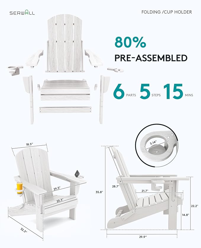 SERWALL Adirondack Chair with Cup Holders - Composite Adirondack Chairs Set of 4 HDPE Outdoor Chairs All Weather Use- White
