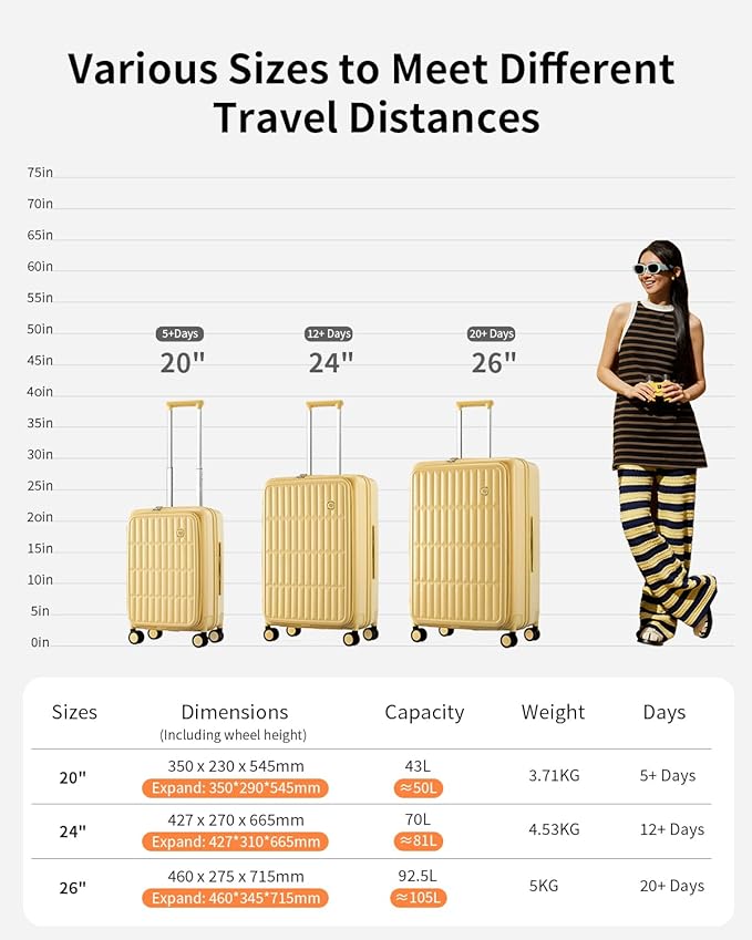 aji Expandable Top Open 24 Inch Checked Luggage with Spinner Wheels, Large Suitcase with TSA Lock, Hardside Travel Luggage Suitcases for Men Women, for 14+Days Travel, Cheese Yellow
