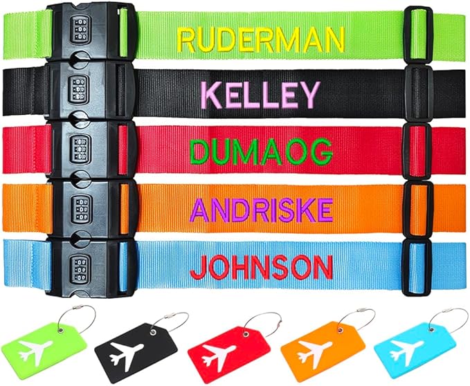 5PC Custom Embroidery Luggage Strap with Your Text/Name,Personalized Luggage Straps with Lock for Suitcases,Adjustable Suitcase Strap Belt Tag for Secure Travel