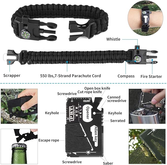 Survival Gear Kits Outdoor Survival Gear Tool for Trip,with Fire Starter, Whistle, Wood Cutter, Tactical Pen for Camping, Hiking, Climbing for Wilderness/Trip/Cars/Hiking/Camping