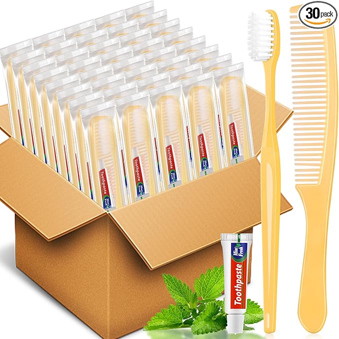 NICEMOVIC 30 Pack Disposable Toothbrushes Bulk with Toothpaste and Comb Travel Size Toothpaste Set Homeless Care Package Supplies for Bulk Individually Wrapped Disposable Travel Hotel Charity, Yellow