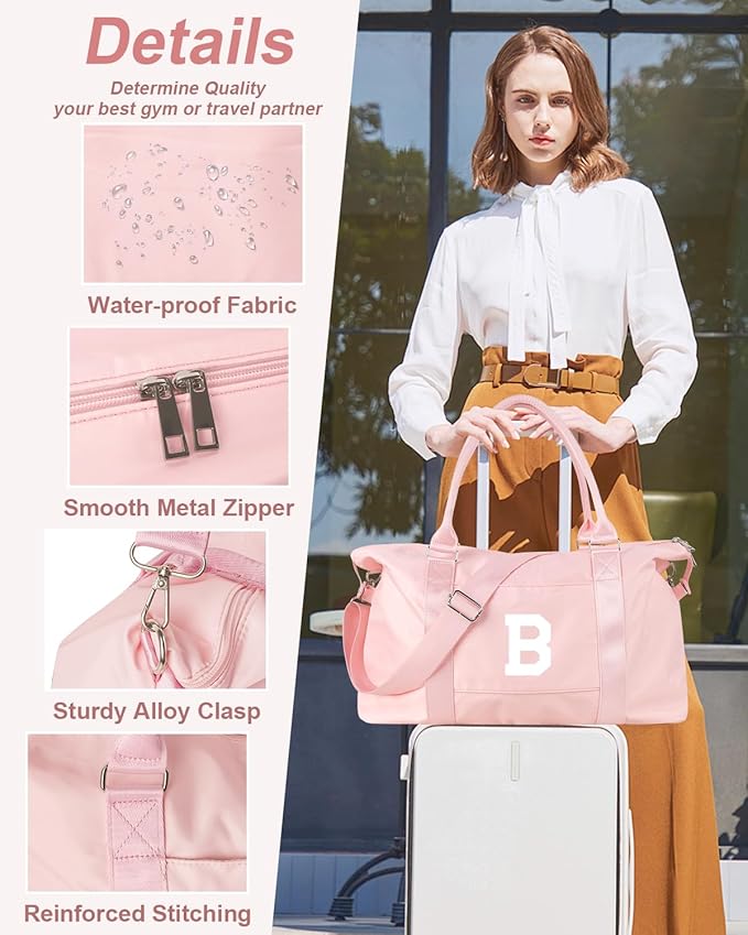 Initial Travel Duffel Bag Sports Gym Bag for Girls Teen Birthday Gifts,Pink Personalized Weekender Bag Carry On Tote Bags for Women Men,Waterproof Overnight Luggage Bag with Trolley Sleeve(Letter B)
