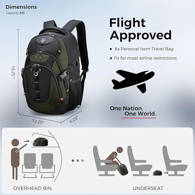 Swissdigital Design Laptop Backpack with USB Charging Port, TSA Travel Backpack Fits 15.6 inches Computer, 31L College School Backpack for Men, Olive/Black | SD803-26