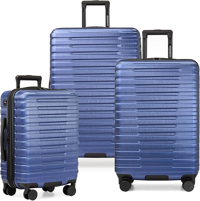 U.S. Traveler Boren Polycarbonate Hardside Rugged Travel Suitcase Luggage with 8 Spinner Wheels, Aluminum Handle, Navy, 3-Piece Set, USB Port in Carry-On