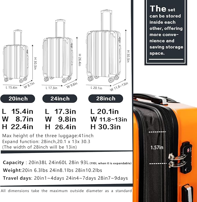 Coolife Luggage Expandable(only 28") Suitcase PC+ABS Spinner 20in 24in 28in Carry on (orange new, L(28in))