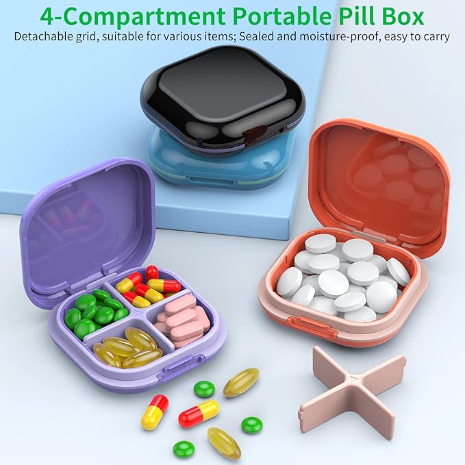 Daily Pill Organizer 4 Compartments, Small Pill Box Portable Travel Pill Case, Mini Pill Container for Purse Pocket, Compact Travel Medicine Organizer for Vitamin, Cod Liver Oil, Supplement (Pink)