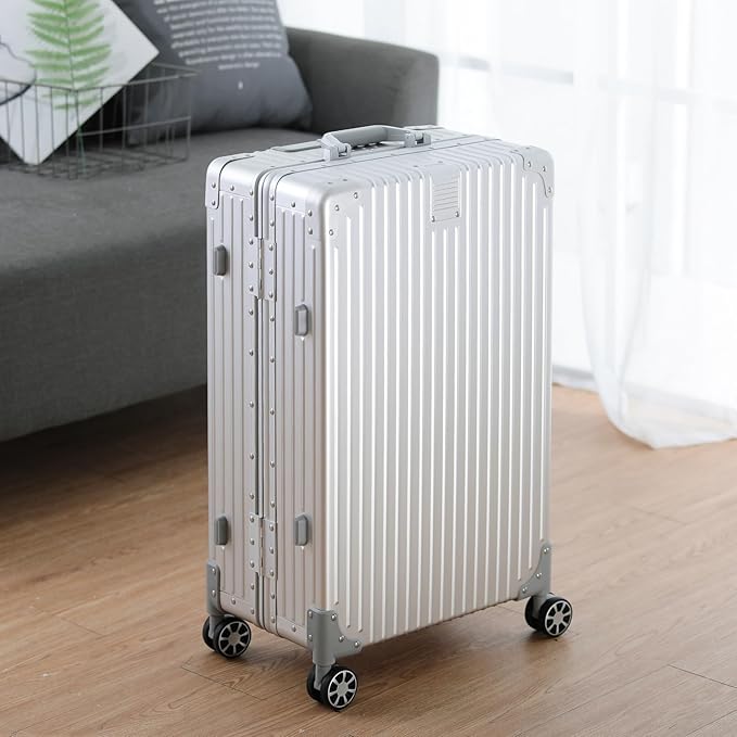 Metal All Aluminum Carry-on Luggage TSA Customs Lock Zipperless Silent Rotary Wheel Business Suitcase Aluminum Frame Set (silvery, 2Piece(20/26))