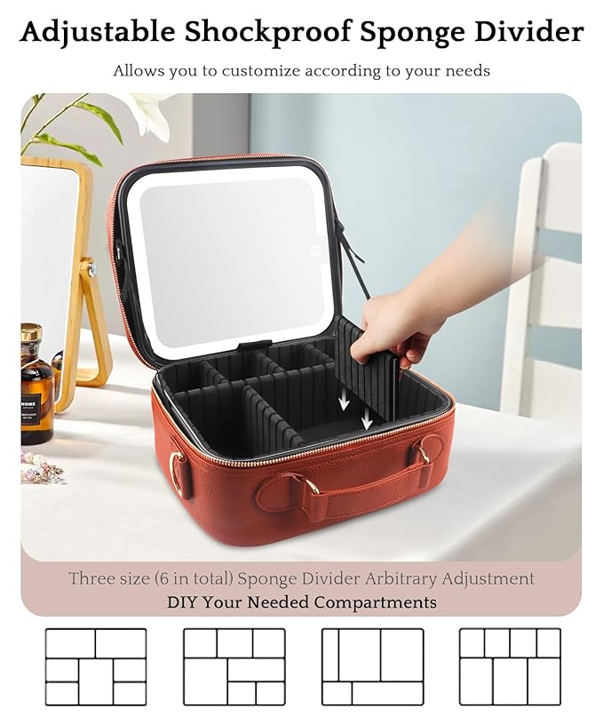 MOMIRA Travel Makeup Bag Cosmetic Bag with Lighted Mirror, Adjustable Brightness in 3 Color Scenarios/Detachable makeup mirror, All-round Upgrade, Waterproof, Gift for Women -Red Brown