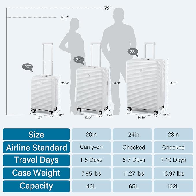 Hard Shell Suitcases Travel Expandable Luggage, 24 Inch Check in Luggage with Spinner Wheels Cup Holder Charger Built in, Checked Medium Suitcase Lightweight Suitcases, White