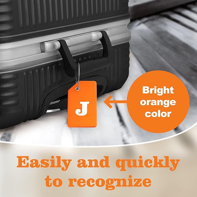 8 Pcs Luggage Tags for Suitcases, 26 Initial Letter Travel Luggage Baggage Identification Labels ID Tags Fully Bendable Tags with Stainless Steel Loop (Letter J, Orange)