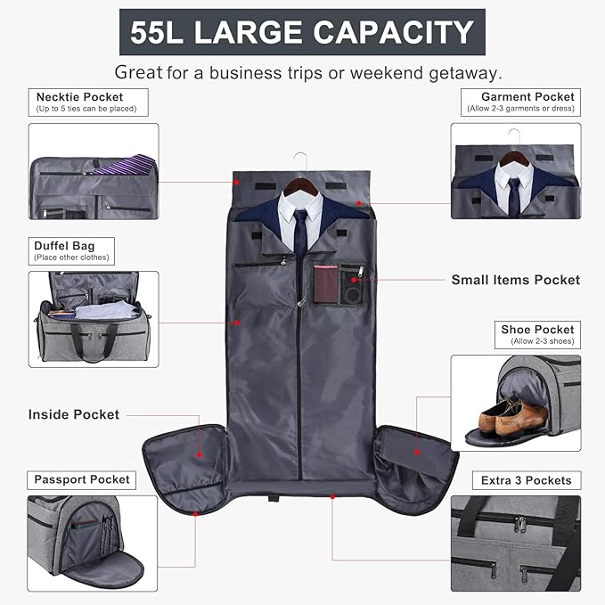 Bukere Carry on Garment Bag for Travel, Convertible Travel Duffel Suit Bag with Backpack Straps, Shoe Compartment, 3 in 1 Weekender Suit Bag for Men Women
