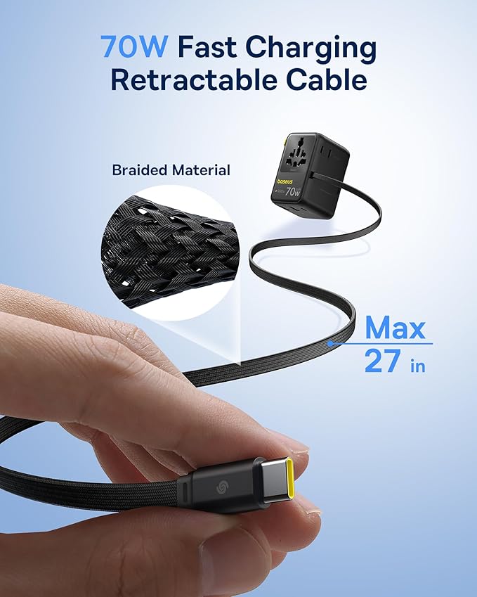 Baseus 70W Universal Travel Adapter and Baseus 60W Retractable USB C Cable