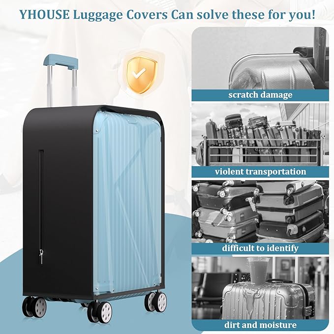 Upgraded Transparent TPU Luggage Cover Protector with Black Stretchable Sides, Fit 24 Inch Wheeled Case TSA Approved, Waterproof & Anti-Scratch, Includes Free Red Luggage Tag