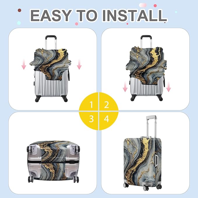 ANNA QUEEN Luxury Marble Gold Luggage Cover, Elegant Black & Grey Suitcase Protector with Faux Gold Vein Design, Stretchable, Washable Spandex Cover for 32-34 Inch Luggage