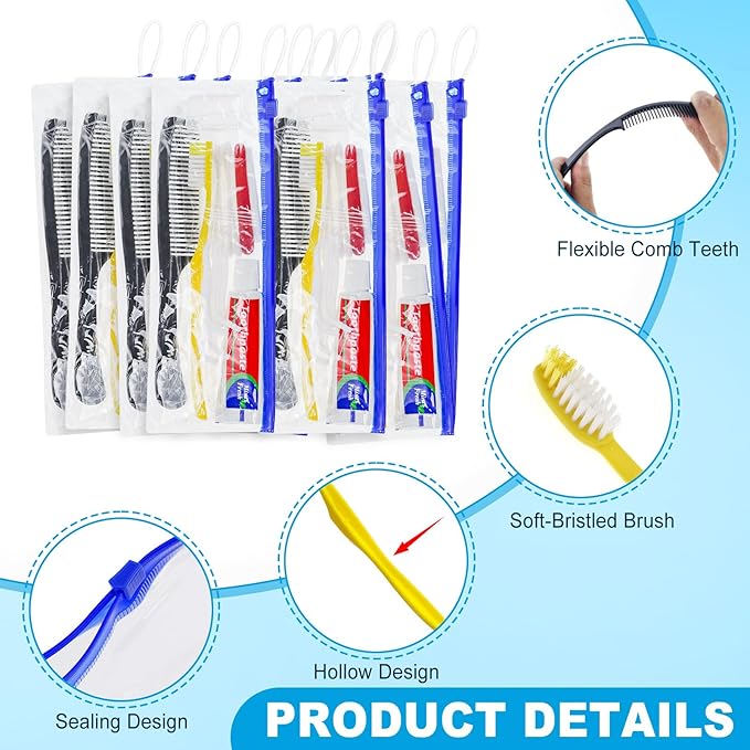 Personal Hygiene Kit Bulk Pack of 10,Yellow Disposable Toothbrushes with Toothpaste Floss Comb Cover and Hotel Vanity Set Basic Travel Toiletry Kit Supplies for Homeless,Charity,Guests
